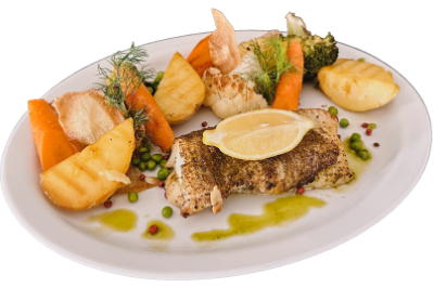 Pieczony halibut z warzywami i chipsem z selera